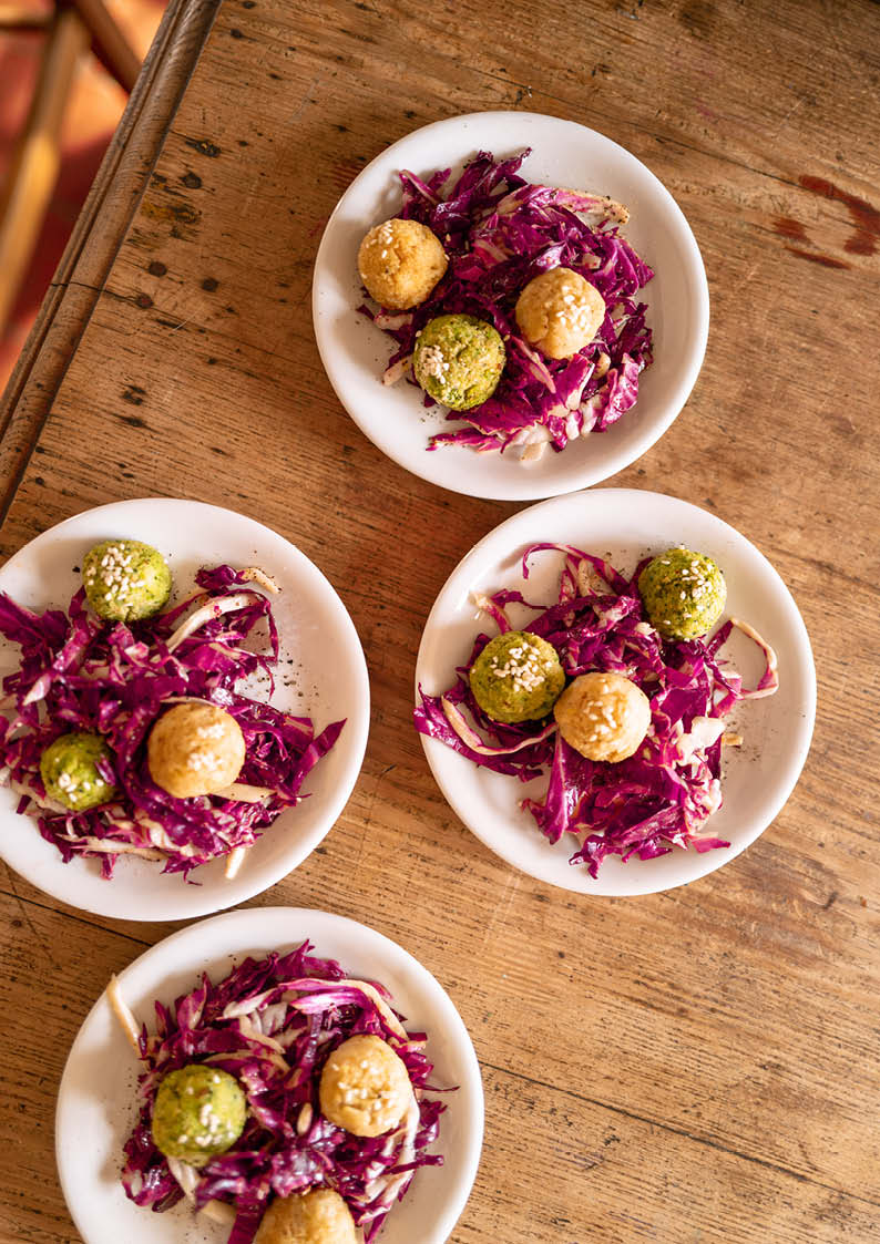 Gemüsebällchen auf Radicchio Senf Salat